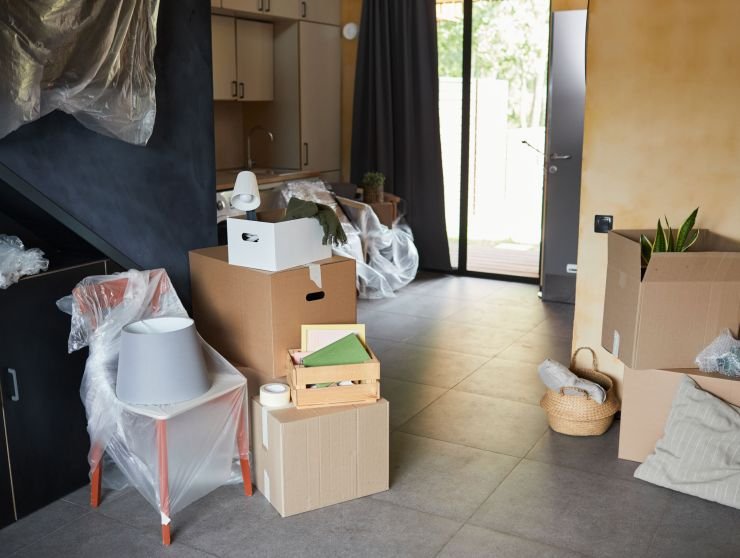Background image of messy cardboard boxes in new home, family moving and relocation concept, copy space